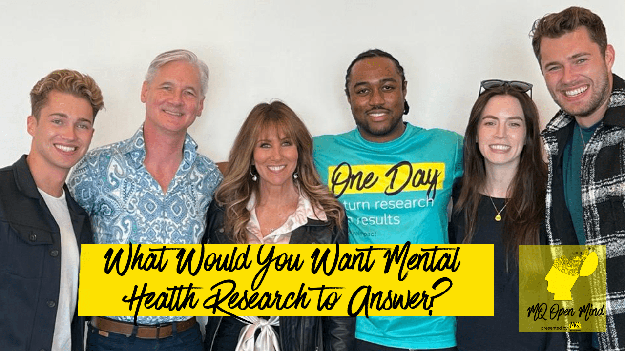Celebrities AJ Pritchard, Curtis Pritchard, Linda Lusardi and Gemma Styles stand alongside MQ's Professor Rory and Craig all smiling with the text asking "What would you want mental health research to answer?